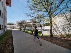 A student walking in between the Student Center and the Graduate School.